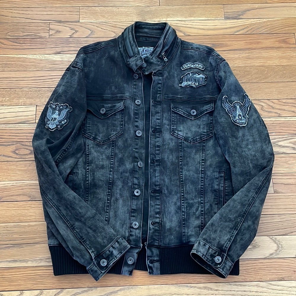 Mens Affliction black acid wash Moto jacket size large